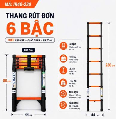Thang Rút Đơn Thép Cao 2m3, 6 Bậc - NIKITA IR230 