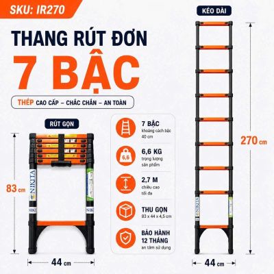 Thang Rút Đơn Thép Cao 2m7, 7 Bậc - NIKITA IR270