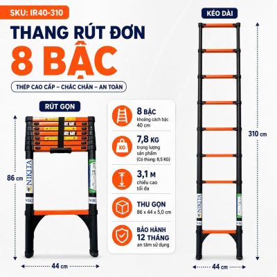 Thang Rút Đơn Thép Cao 3m10, 8 Bậc - NIKITA IR310