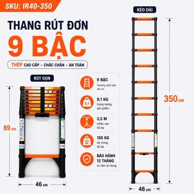 Thang Rút Đơn Thép Cao3.5m,9 Bậc - NIKITA IR350