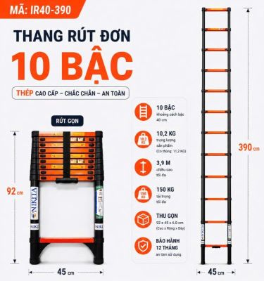 Thang Rút Đơn Thép Cao 3m9, 10Bậc - NIKITA IR390