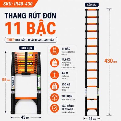Thang Rút Đơn Thép Cao 4m3, 11 Bậc - NIKITA IR430